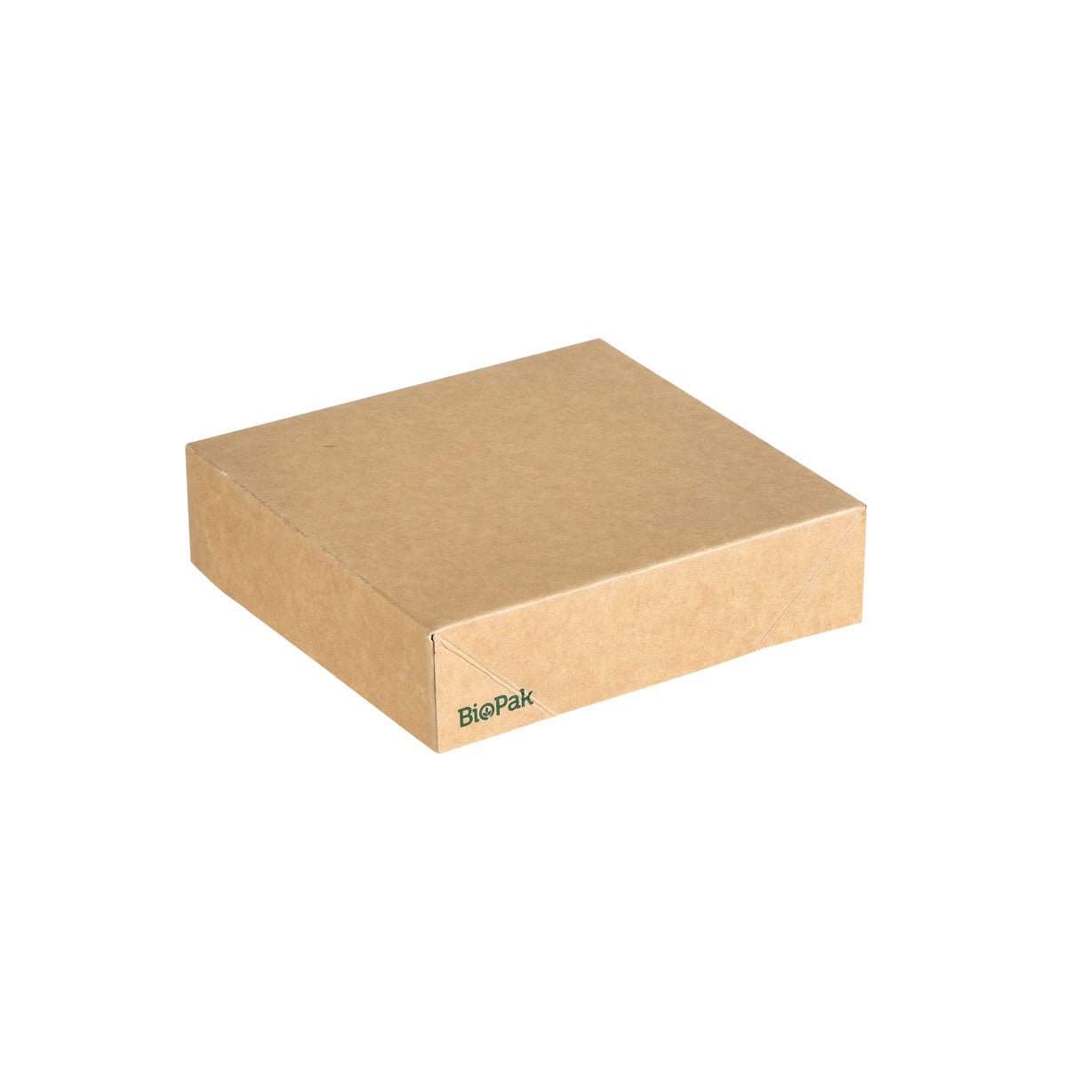 Ein schlichter, quadratischer, brauner Viking Cube Deckel Karton/PLA 113x113x29 von Duni GmbH, mit "BioPak" in Grün bedruckt-ideal als umweltfreundliche Verpackung. Die Packung enthält 300 Stück.
