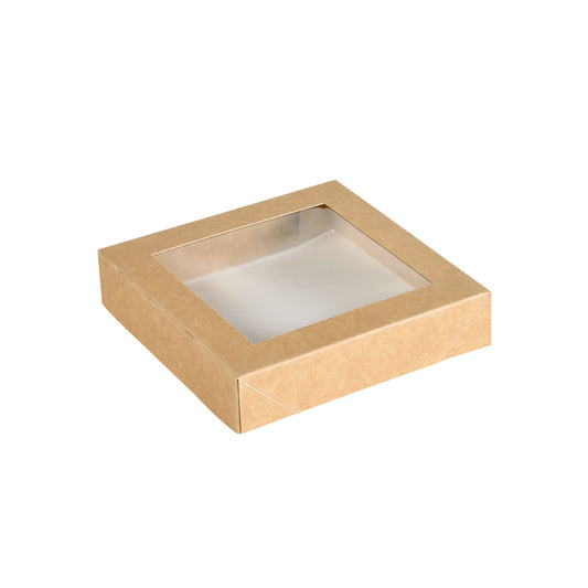 Der Viking Block Deckel mit PLA Fenster von Duni GmbH ist eine nachhaltige Verpackung aus braunem Karton (140x140x29 mm) mit transparentem PLA-Fenster, ideal für umweltfreundliches Präsentieren - Packung enthält 300 Stück.