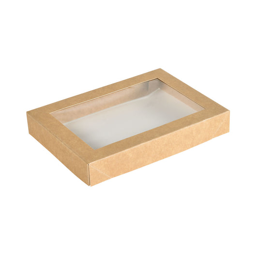 Der Viking Brick Deckel mit PLA Fenster Braun Karton/PLA 200x140x30 von Duni GmbH ist ein rechteckiger Kraftpapierkarton mit einem transparenten PLA Fenster, leer und ideal als nachhaltige Verpackung. Packung: 300 Stück. Abgebildet auf weißem Hintergrund.
