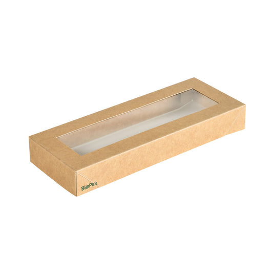 Der Viking Slim Brick Deckel mit PLA Fenster von Duni GmbH ist eine rechteckige braune Karton/PLA Box (225x85x30 mm) mit einem transparenten PLA Fenster auf dem Deckel und einem kleinen "BioPak" Logo in einer Ecke. Packung: 300 Stück.