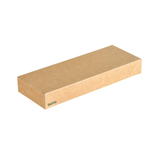 Ein rechteckiger, geschlossener Viking Slim Brick Deckel Karton in braun (225x85x30mm) aus Karton/PLA von Duni GmbH, mit einem kleinen grünen "BioPak"-Logo und einem umweltfreundlichen Deckel, dargestellt auf weißem Hintergrund. Packung: 300 Stück.