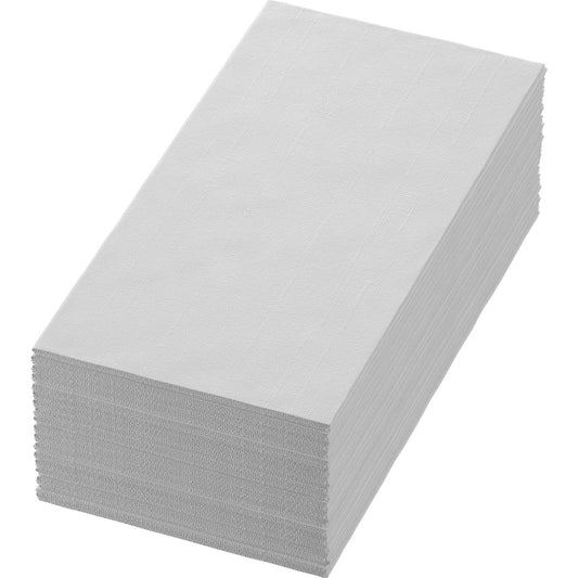 Eine Packung Duni GmbH Zelltuchservietten, 40 x 40 cm, 2-lagig, 1/8 Buchfalz weiß (300 Servietten), ist sauber gefaltet und auf weißem Hintergrund ausgestellt.