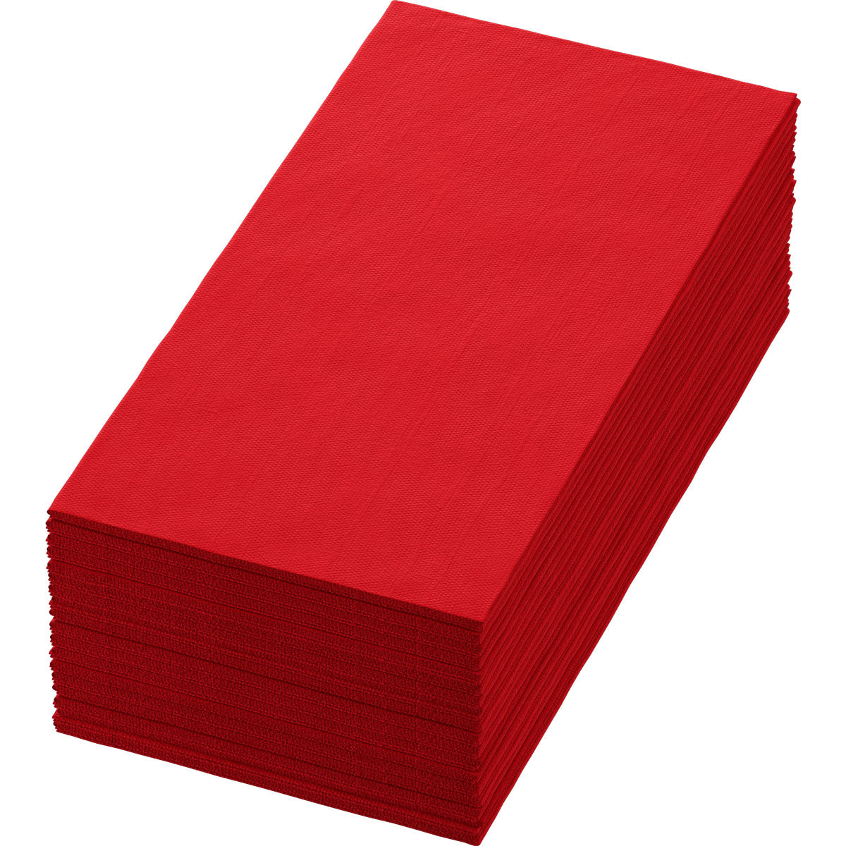 Ein Stapel roter Bio-Dunisoft-Servietten 40 x 40 cm 1/8 Buchfalz der Duni GmbH liegt fein säuberlich kantengerichtet auf einem weißen Hintergrund.