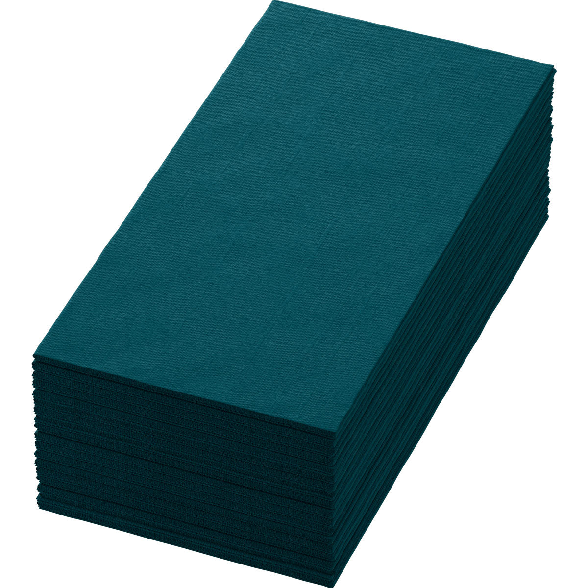 Abgebildet ist ein sauber gestapelter Stapel rechteckiger Bio-Dunisoft-Servietten 40 x 40 cm 1/8 Buchfalz der Duni GmbH vor weißem Hintergrund. Diese umweltfreundlichen Papierservietten sind dunkelgrün und gleichmäßig ausgerichtet.
