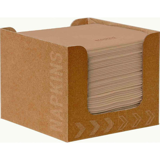 Ein Stapel brauner Bio-Dunisoft-Servietten (20 x 20 cm, 50 Stück) der Duni GmbH liegt in einem quadratischen EcoEcho-Spender mit "NAPKINS"-Schriftzug und Pfeildesign. Die Servietten sind durch offene Vorder- und Seitenbereiche sichtbar.