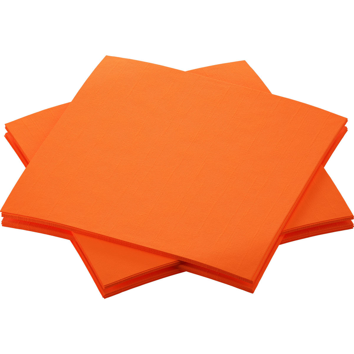 Vier Stapel Bio-Dunisoft-Servietten 20 x 20 cm der Duni GmbH, in leuchtendem Orange, sind leicht überlappend auf weißem Grund angeordnet. Jeder Stapel besteht aus mehreren quadratischen, nachhaltigen Servietten.