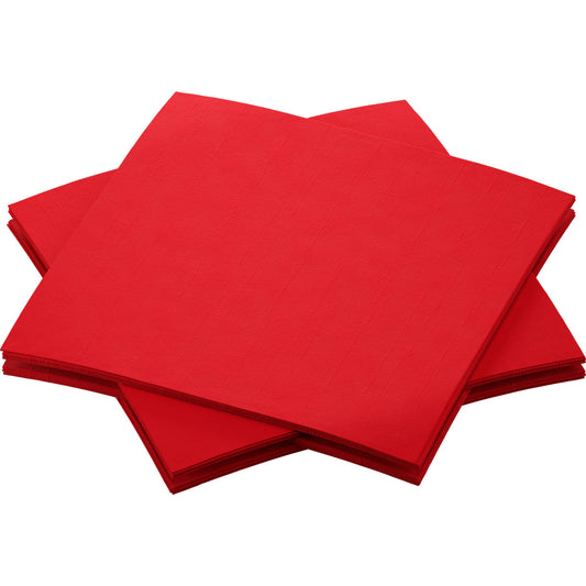 Vier leuchtend rote Bio-Dunisoft-Servietten 20 x 20 cm der Duni GmbH sind mit den Ecken versetzt gestapelt und stehen auf einem schlichten weißen Hintergrund.