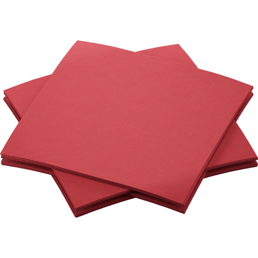 Ein Stapel Bio-Dunisoft-Servietten 20 x 20 cm der Duni GmbH in elegantem Rot ist ordentlich auf weißem Hintergrund angeordnet.