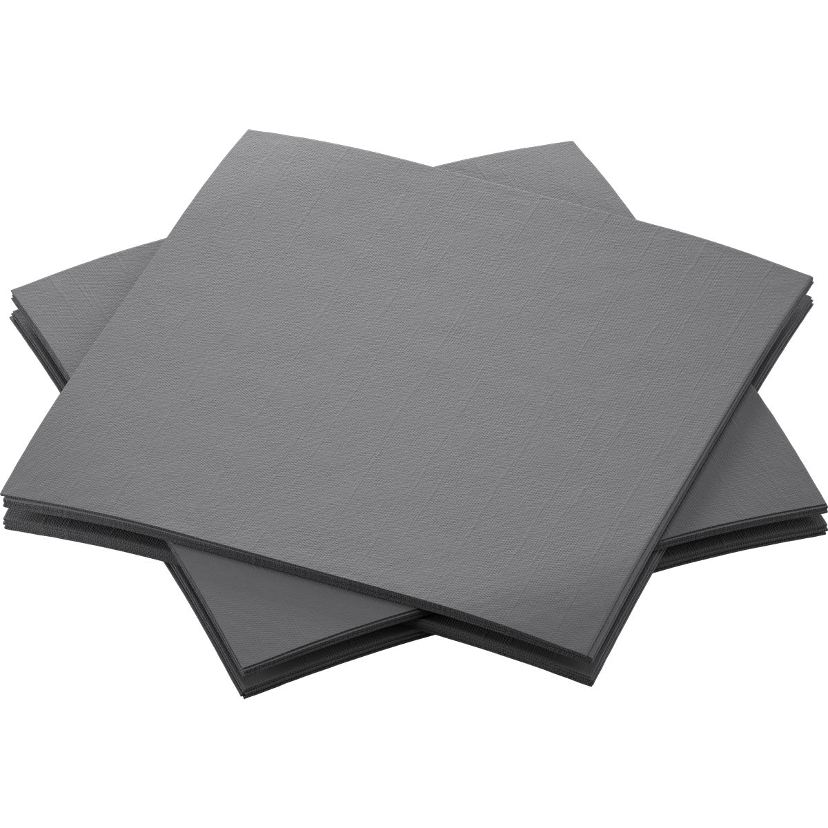 Vier graue Bio-Dunisoft-Servietten 20 x 20 cm der Duni GmbH sind leicht schief auf weißem Grund gestapelt und zeigen ein umweltfreundliches, nachhaltiges Design.