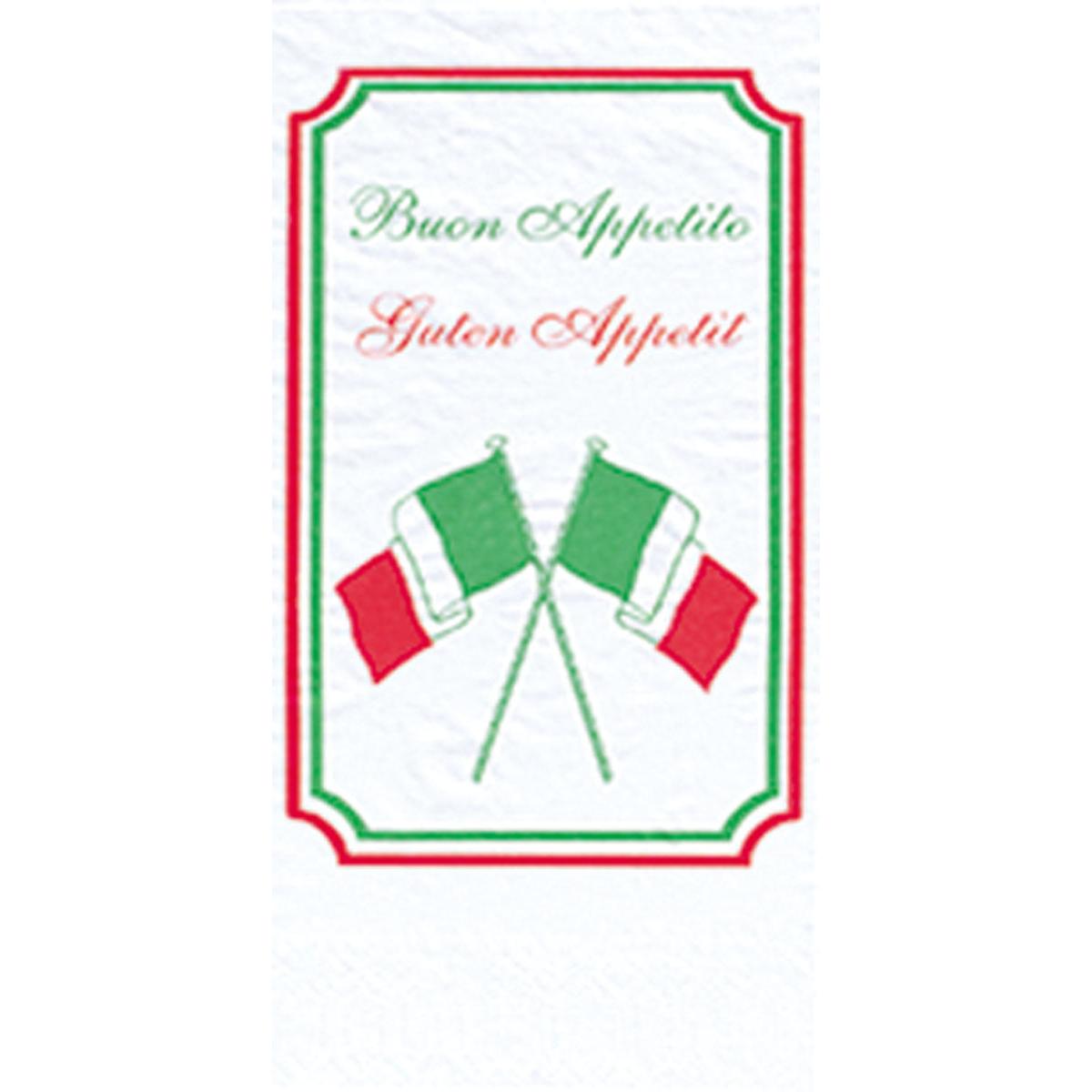 Das 40 x 40 cm große Schild mit gekreuzten italienischen Flaggen und "Buon Appetito" in grüner Schrift passt perfekt zu den Zelltuchservietten, 2-lagig, 1/8-Falz, Buon Appetit der Duni GmbH, die in Packungen mit 300 Servietten erhältlich sind.