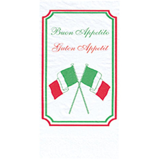 Das 40 x 40 cm große Schild mit gekreuzten italienischen Flaggen und "Buon Appetito" in grüner Schrift passt perfekt zu den Zelltuchservietten, 2-lagig, 1/8-Falz, Buon Appetit der Duni GmbH, die in Packungen mit 300 Servietten erhältlich sind.