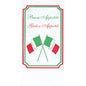The Duni GmbH paper plate 40x40 mm, 2-ply - Buon Appetito Design features two crossed Italian flags and "Buon Appetito" (green) with "Guten Appetit" (red), all framed by a green-red border. Package: 300 napkins.