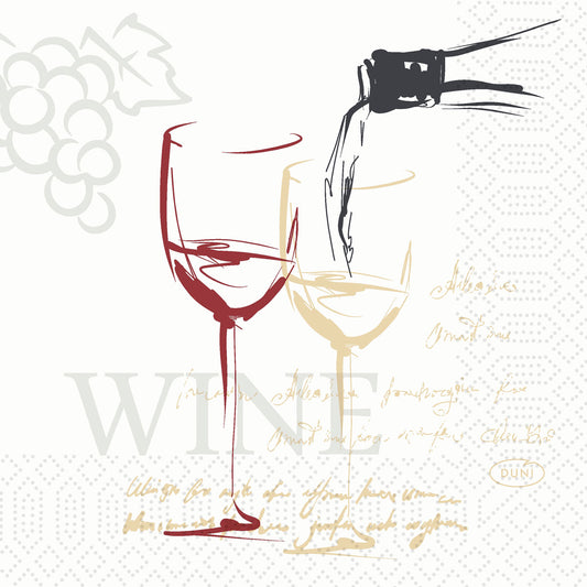 Strichzeichnung von zwei Weingläsern, mit Trauben und "WINE" im Hintergrund, gedruckt auf Duni GmbH Zelltuchservietten 24 x 24 cm 3-lagig 1/4 Falz Wine Time. Packung enthält 250 Servietten für eine elegante Note.