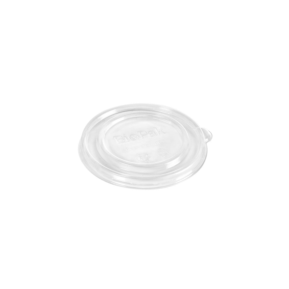 Abgebildet ist ein klarer, runder rPET Deckel Karton Ronda SHORT der Duni GmbH (240/360 ml, 102x95x11 mm) auf weißem Grund. Der Deckel ist mit einer kleinen Aufreißlasche am Rand versehen. Packung: 25 Stück.
