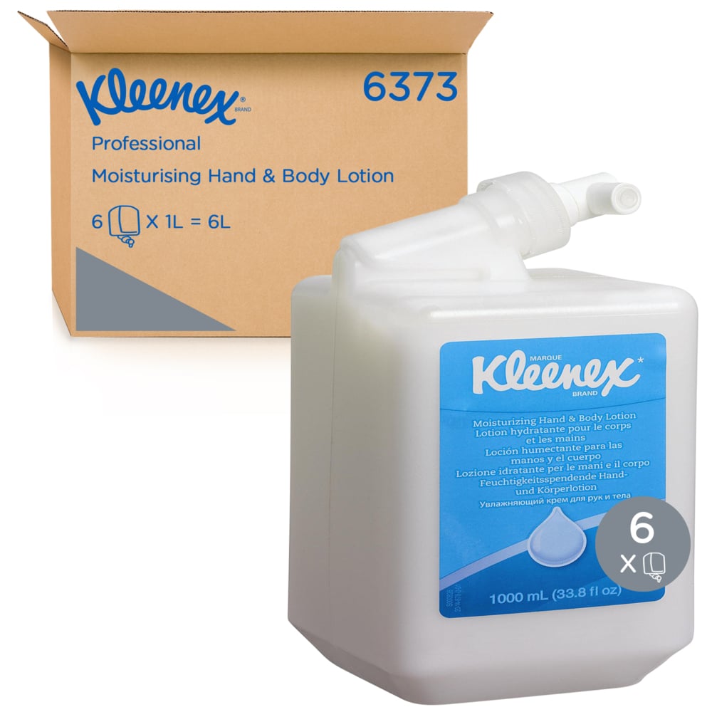 A 1-liter Kleenex® moisturizing hand and body lotion (by Kimberly-Clark GmbH) is shown in front of a box labeled "6 cartridges" - a carton containing six 1-liter lotion cassettes for professional care.