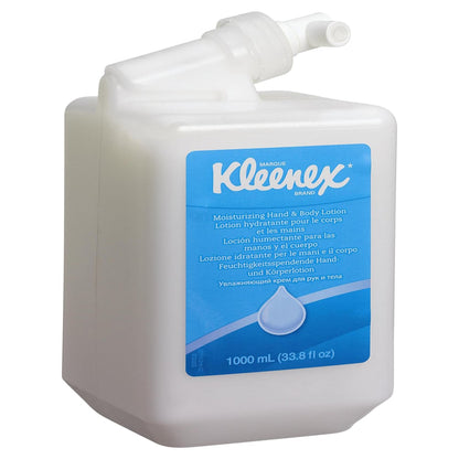 A white 1-liter cassette of Kleenex® moisturizing hand and body lotion by Kimberly-Clark GmbH, ideal for hand and body care; in a pack with 6 cassettes per carton.