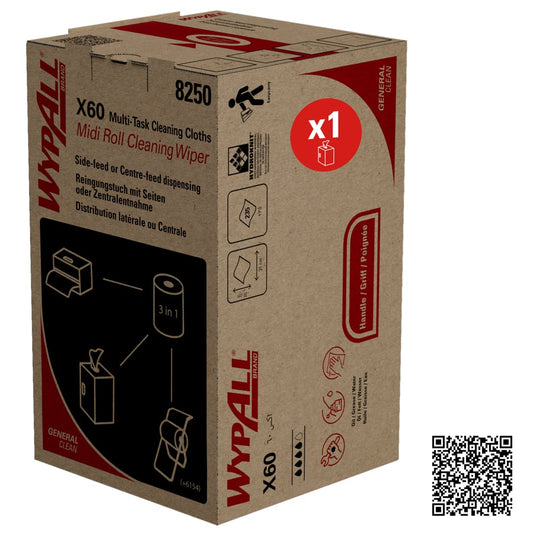 Eine blaue Schachtel WypAll® X60 General Clean Midi Roll von Kimberly-Clark GmbH enthält 1 Schachtel mit 235 Blatt. Auf dem Karton befinden sich Produktinformationen, eine Anleitung für die Allzweckreinigung, ein QR-Code und ein roter "x1"-Kreis für eine Einheit im Inneren.