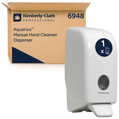 A Kimberly-Clark GmbH Aquarius™ dispenser for wash lotions, white, 1 Ltr, is displayed in front of its brown box labeled 6948. The hygienic dispenser features a round indicator on the front.