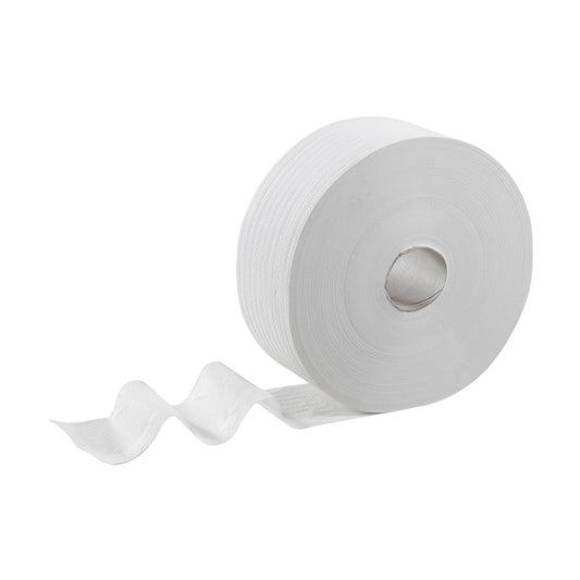 Eine große weiße Großrolle Kleenex® Toilettenpapier von Kimberly-Clark GmbH (12 Rollen x 474 Blatt), teilweise entrollt, wird vor einem schlichten weißen Hintergrund gezeigt.