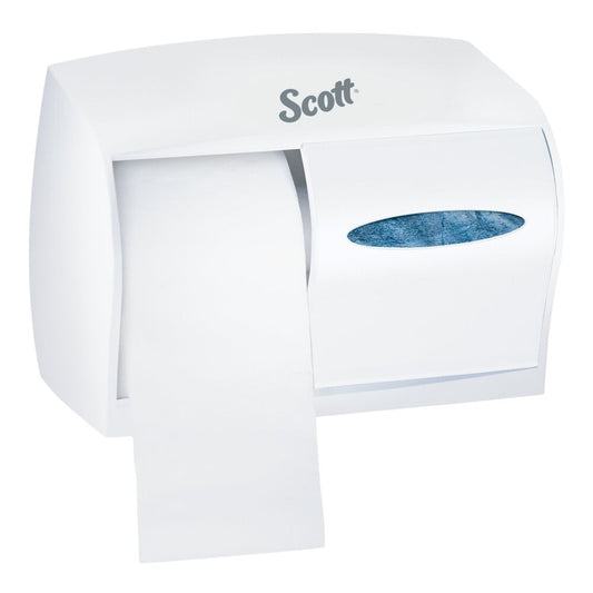 Der Kimberly-Clark Professional™ Toilet Tissue Spender in Weiß fasst kernloses Toilettenpapier und gefaltete Papierhandtücher, die beide durch ein ovales Fenster sichtbar sind, und bietet eine nachhaltige Lösung für Waschräume.