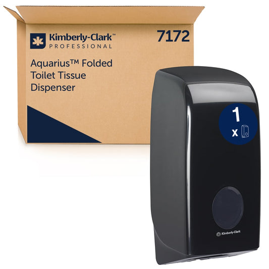 Ein schwarzer Aquarius™ Toilettenpapierspender von Kimberly-Clark GmbH steht vor einer braunen Schachtel mit der Aufschrift 7172. Beide sehen sauber und hygienisch-perfekt für jedes Badezimmer aus.