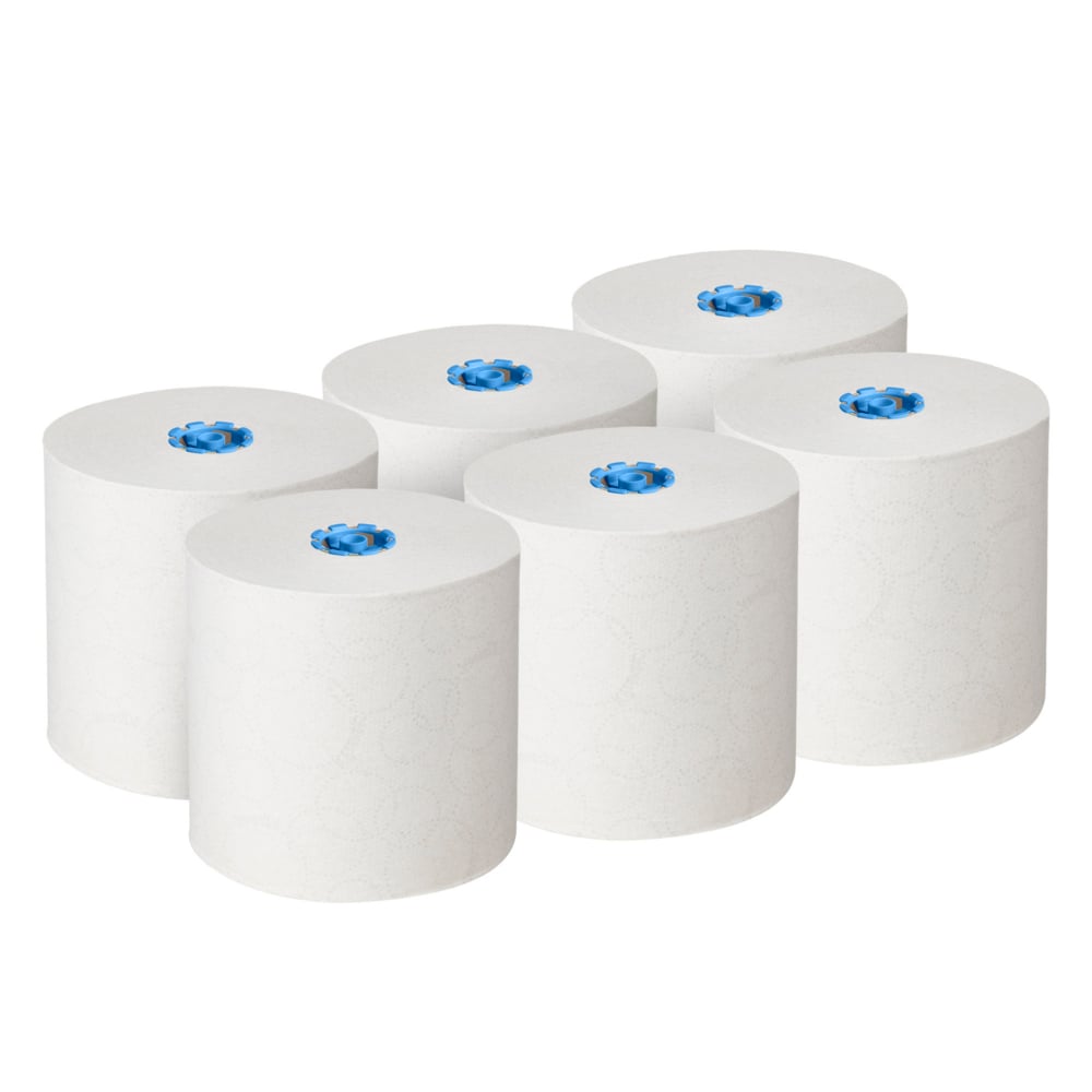 Six white Kleenex® roll towels E-roll Large (1-ply, 6x250m) from Kimberly-Clark GmbH are arranged in two rows and have a visible blue core - ideal for hygienic hand drying and made from recycled paper.