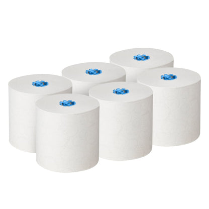 Six white Kleenex® roll towels E-roll Large (1-ply, 6x250m) from Kimberly-Clark GmbH are arranged in two rows and have a visible blue core - ideal for hygienic hand drying and made from recycled paper.