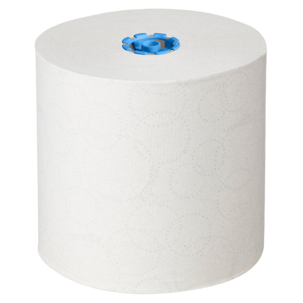 A large white Kleenex® roll towel - E-roll Large, 1-ply, 250m from Kimberly-Clark GmbH stands upright with a blue core on a white background, ideal for hygienic hand drying. The box contains 6 rolls.
