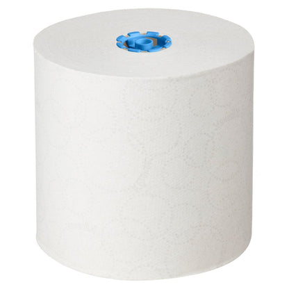 A large white Kleenex® roll towel - E-roll Large, 1-ply, 250m from Kimberly-Clark GmbH stands upright with a blue core on a white background, ideal for hygienic hand drying. The box contains 6 rolls.