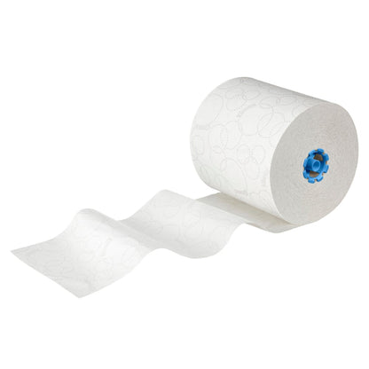 A large white Kleenex® Ultra™ roll towel (2-ply, E-roll Large, 6x200m) from Kimberly-Clark GmbH with a blue core, partially unrolled on a white surface - the ideal hygienic towel solution for daily use. Carton: 6 rolls.