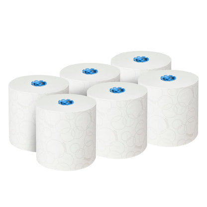 Six large white Kleenex® Ultra™ roll towels (2-ply, 6x200m) from Kimberly-Clark GmbH, each with a blue plastic core and subtle circle patterns, arranged in two rows of three on a solid white background.