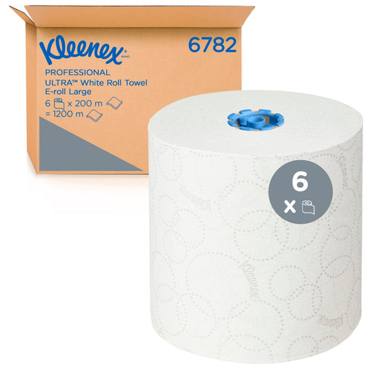 Eine große weiße Rolle Kleenex® Ultra™ Rollenhandtücher (2-lagig, je 200m) von Kimberly-Clark GmbH steht vor einem "6782"-Karton. Ein Symbol zeigt an, dass die Verpackung 6 Hygienerollen (E-Rolle Large, Weiß) pro Karton enthält.