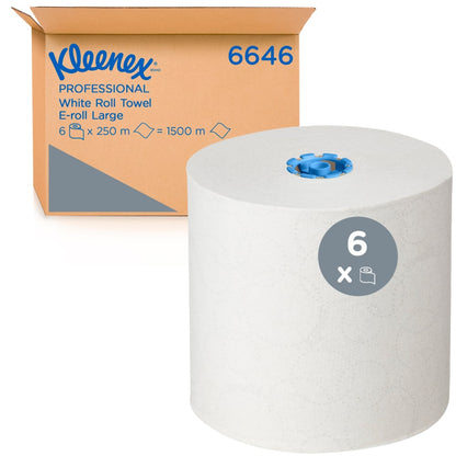 A large white Kleenex® roll towel roll from Kimberly-Clark GmbH is shown in front of a box labeled "6646" containing 6 hygienic 1-ply rolls, each 250 m long (total 1500 m), E-roll Large, White.