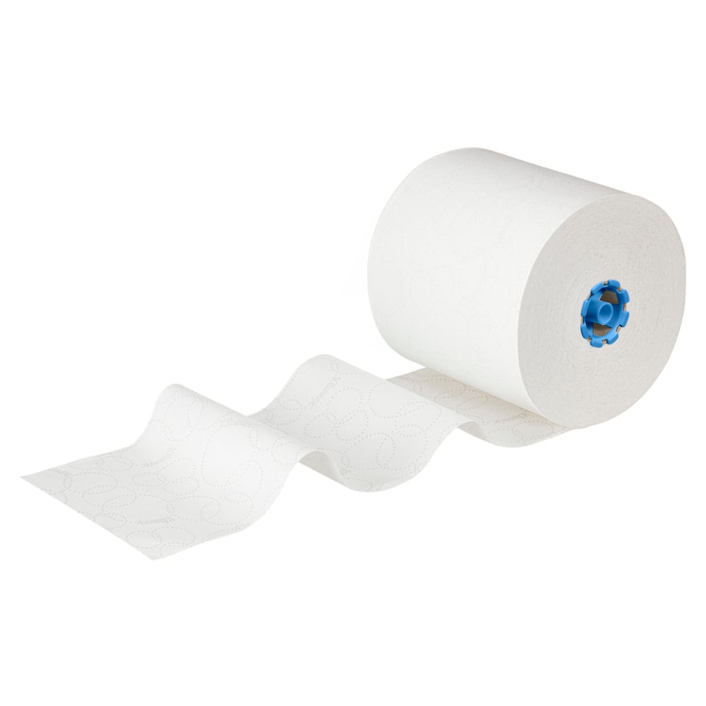 The Kleenex® roll towels E-roll Large from Kimberly-Clark GmbH, 1-ply white, 6x250m rolls per carton, are partially unrolled to show their textured pattern - perfect for hygienic hand drying - against a white background.
