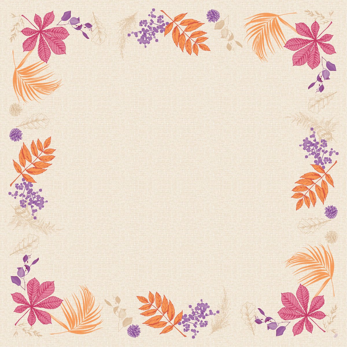 The square beige Dunicel table cover 84x84 "Bright Autumn" by Duni GmbH features a border of autumn leaves, orange branches, and purple blossoms - ideal as decorative table decor. Package: 20 pieces.
