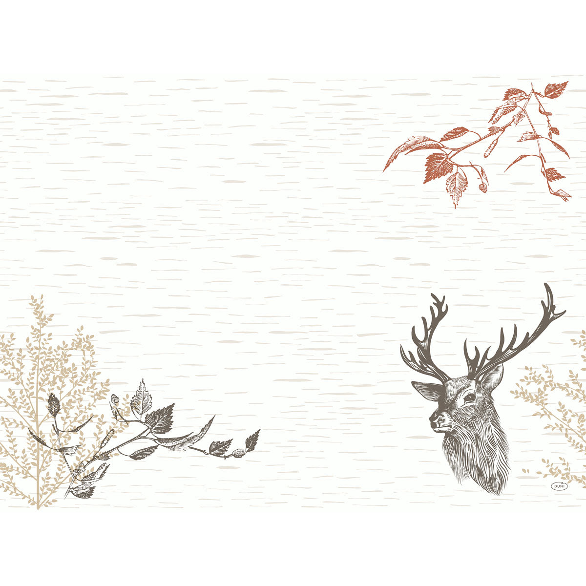 Die Wood & Deer 60122 Servietten der Duni GmbH haben einen weißen Hintergrund mit hellen Linien, einen braunen Hirschkopf (unten rechts), hellbraune und braune Äste (unten links) und orange-braune Blätter (oben rechts) - ideal für Bastelholz oder DIY-Projekte.