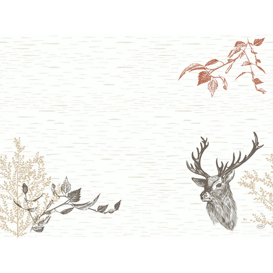 Die Wood & Deer 60122 Servietten der Duni GmbH haben einen weißen Hintergrund mit hellen Linien, einen braunen Hirschkopf (unten rechts), hellbraune und braune Äste (unten links) und orange-braune Blätter (oben rechts) - ideal für Bastelholz oder DIY-Projekte.