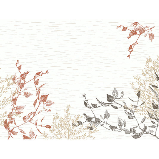 Ein minimalistischer Hintergrund mit orange, beige und grau illustrierten Ästen und Blättern präsentiert Wood & Nature 57084 | Packung (250 Stück) von Duni GmbH - eine natürliche Alternative für umweltfreundliche Holzprodukte. Das Blattwerk umrahmt die offene Mitte.