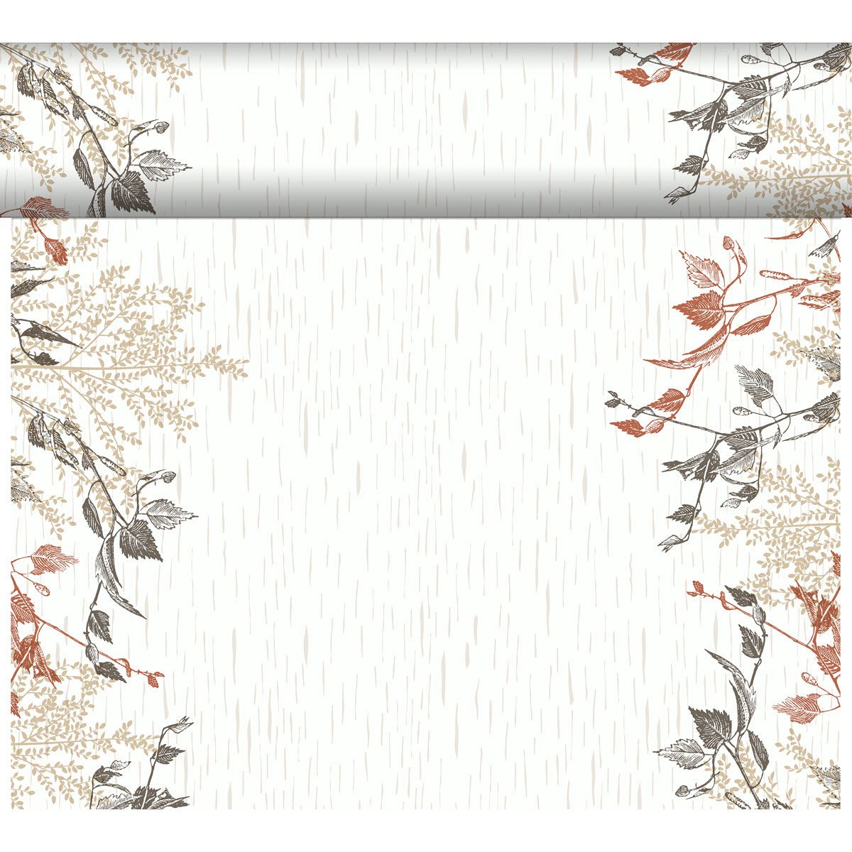 The Bio-DC Tete a Tete (0.4x24m) from Duni GmbH has a beige background, thin vertical lines, and brown, beige, and black botanical art on the top and sides - ideal for natural wood decoration. Includes matching horizontal border at the top edge.