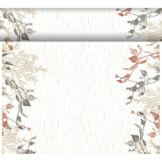 The Bio-DC Tete a Tete (0.4x24m) from Duni GmbH has a beige background, thin vertical lines, and brown, beige, and black botanical art on the top and sides - ideal for natural wood decoration. Includes matching horizontal border at the top edge.