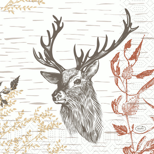 Die Wood & Deer 51076 Servietten von Duni GmbH zeigen einen schwarz-weißen Hirschkopf mit großem Geweih, umgeben von beigen und roten Ästen auf hellem Hintergrund - perfekt für stilvolle Tischdekoration, Packung mit 50 Servietten.