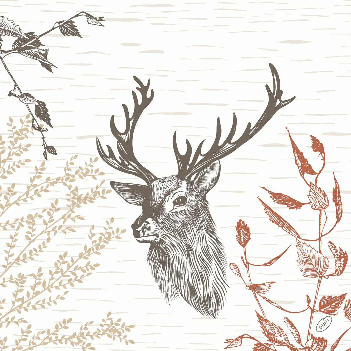 Ein monochromer Hirschkopf mit Geweih inmitten von beigen und rostfarbenen Pflanzen unterstreicht den rustikalen Charme von Wood & Deer 53072 | Packung (50 Servietten) der Duni GmbH - ideal für Einrichtungen mit Rentiermotiv.