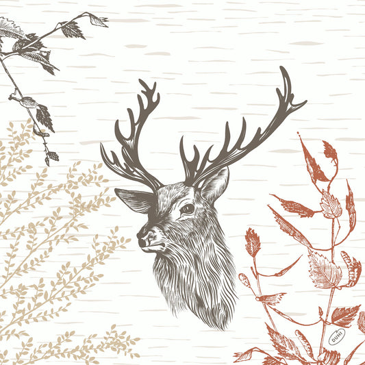 Ein monochromer Hirschkopf mit Geweih inmitten von beigen und rostfarbenen Pflanzen unterstreicht den rustikalen Charme von Wood & Deer 53072 | Packung (50 Servietten) der Duni GmbH - ideal für Einrichtungen mit Rentiermotiv.