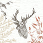 A detailed black and white deer head with large antlers, framed by beige and rust-colored branches, adorns the Duni GmbH Classic Napkins 40x40 cm, Wood & Deer Design - perfect for rustic occasions. The package contains 50 napkins.