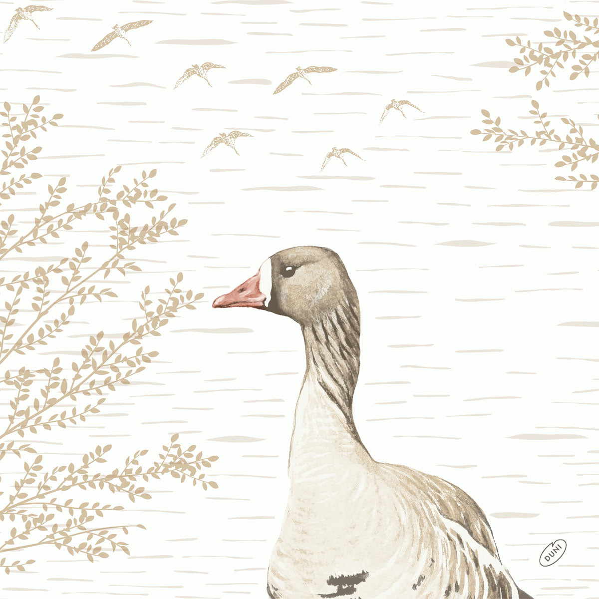 Eine realistische Gans steht inmitten von beigen Ästen und fliegenden Vögeln und bildet ein elegantes Motiv für die Duni GmbH Wood & Goose 62131 Servietten (60er-Pack) - ideal für stilvolle Tischdekoration auf hellem Hintergrund mit dezenten Linien.