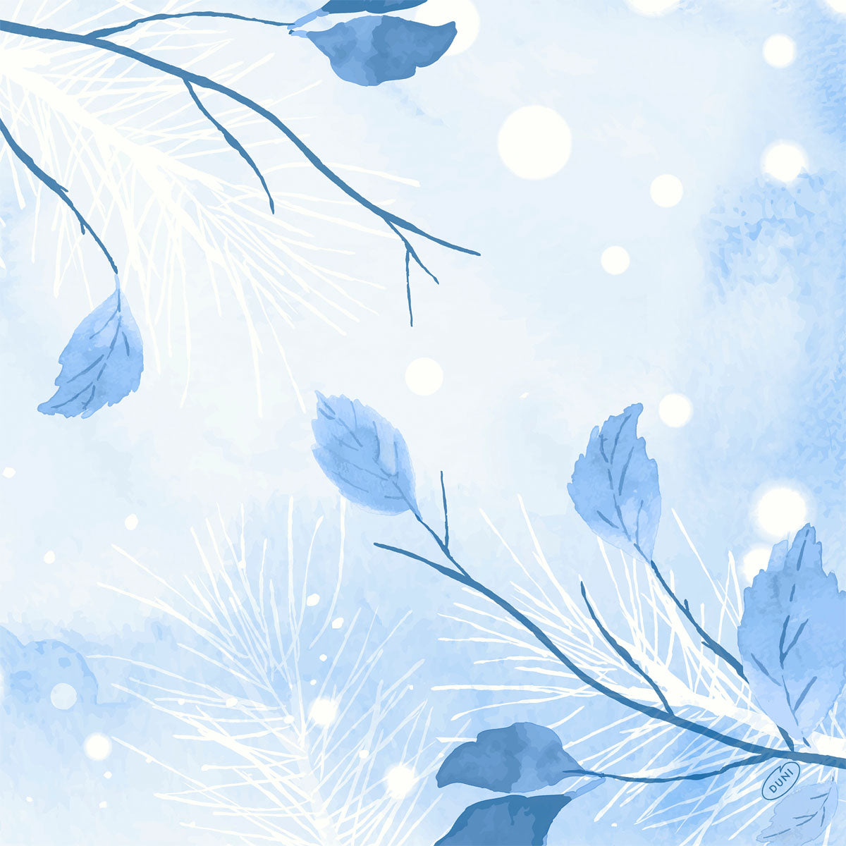 Blaue und weiße Aquarellblätter und -zweige auf einem weichen, strukturierten Hintergrund schaffen einen winterlichen Look - ideal für Duni GmbH Dunisoft-Servietten 40x40cm.