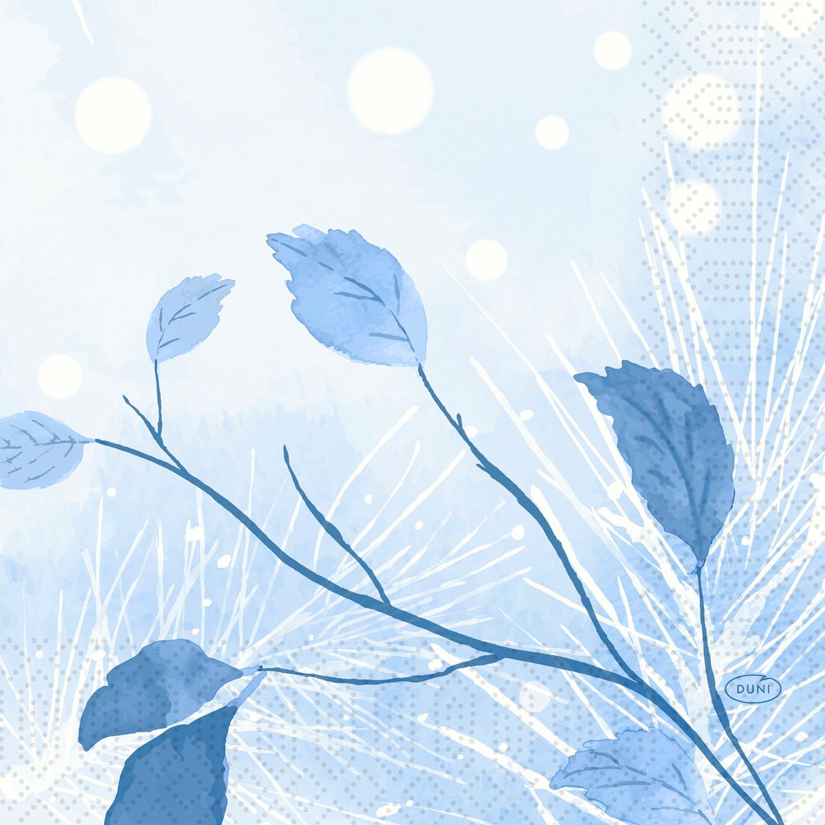 A digital illustration with blue leaves and branches, abstract light points, and geometric patterns creates a calming, watercolor winter design - ideal for Duni GmbH napkins 33x33 3-ply 1/4 Frosted Winter | Pack (50 pieces).