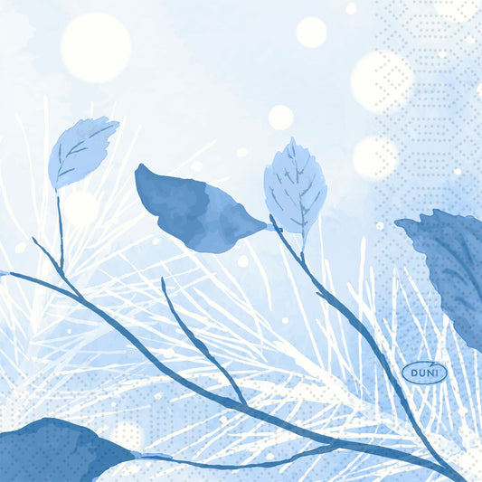 Blau getönte Illustration mit silhouettierten Blättern und "DUNI" in der Ecke, perfekt für Servietten 24x24 3lagig 1/4 Frosted Winter (50 Stück) von Duni GmbH, erinnert an ein frostiges Winterdesign.