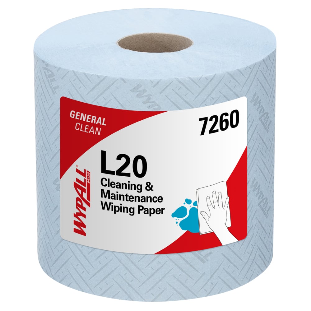 A box of WypAll® L20 General Clean Centrefeed, 2-ply blue paper towels (6 rolls x 550 sheets), from Kimberly-Clark GmbH, ideal for versatile cleaning and general cleaning tasks.