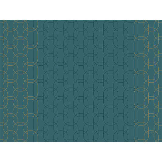 Ein tealfarbener Hintergrund mit einem dichten, symmetrischen Golden-Deco-Muster aus goldenen und dunkelgrünen Kreisen säumt die Ränder dieser Papier-Tischsets 30x40cm von Duni GmbH. Packung mit 250 Stück - ideal für stilvoll gedeckte Tische.
